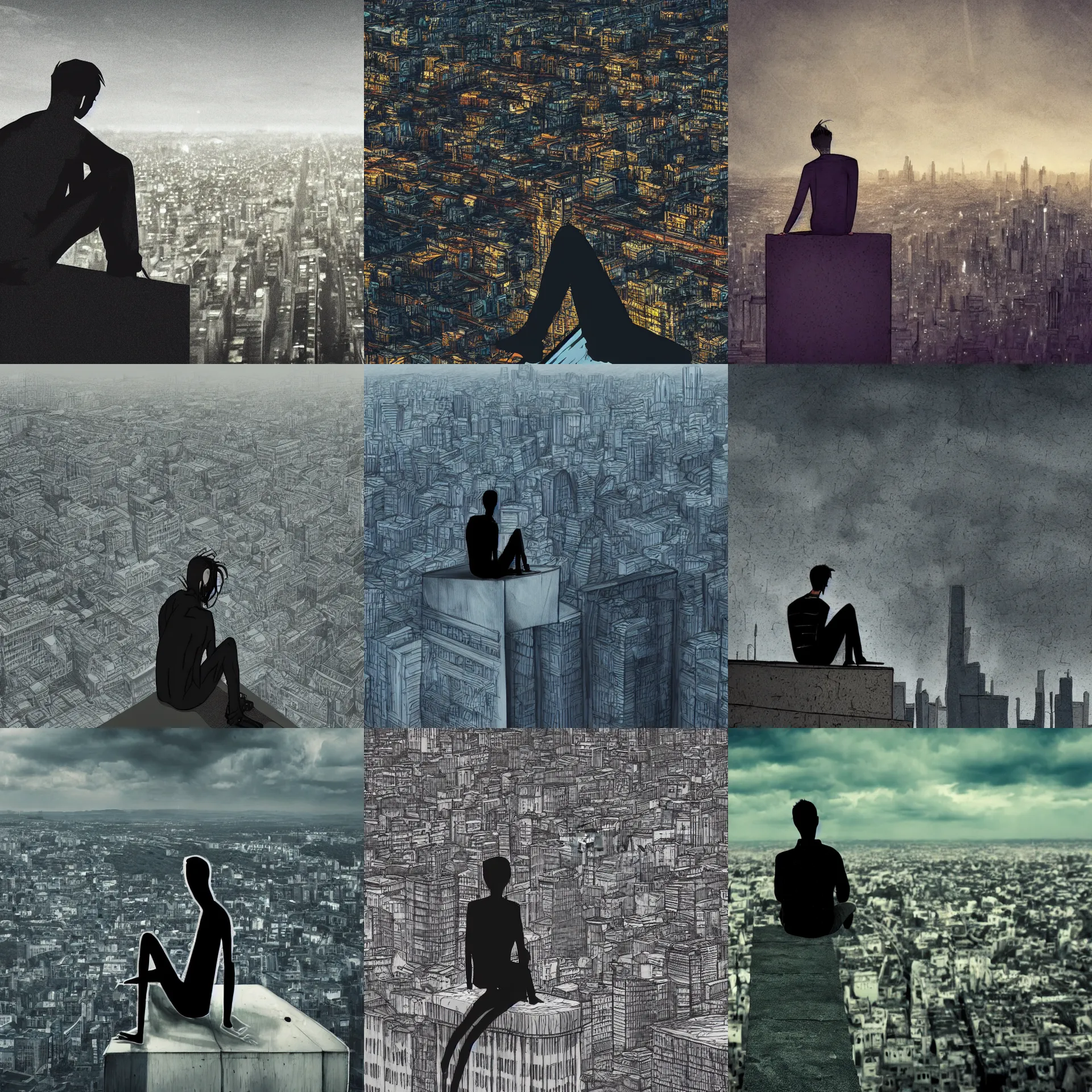 Prompt: close up to a skinny, gaunt, sad man sitting at the edge of a very high building, looking at the city, crying, dramatic lighting, digital art, animated style, Tim Burton's style