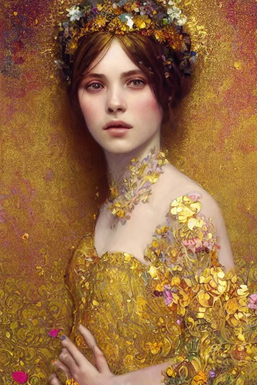 Image similar to an intricate painting of a beautiful young lady surrounded by flowing flower petals covered in silk clothes with klimt golden motives and textures, hyper detailed, ornamental gold headpiece, octane render, vivid colors, artstation, by jeremy mann, by alphonse mucha, by boris vallejo