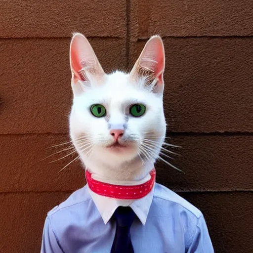 Prompt: Photo about the cat criminal has the sign around his neck that says I impersonated the unicorn. Lineup background. Image of humor, impersonate