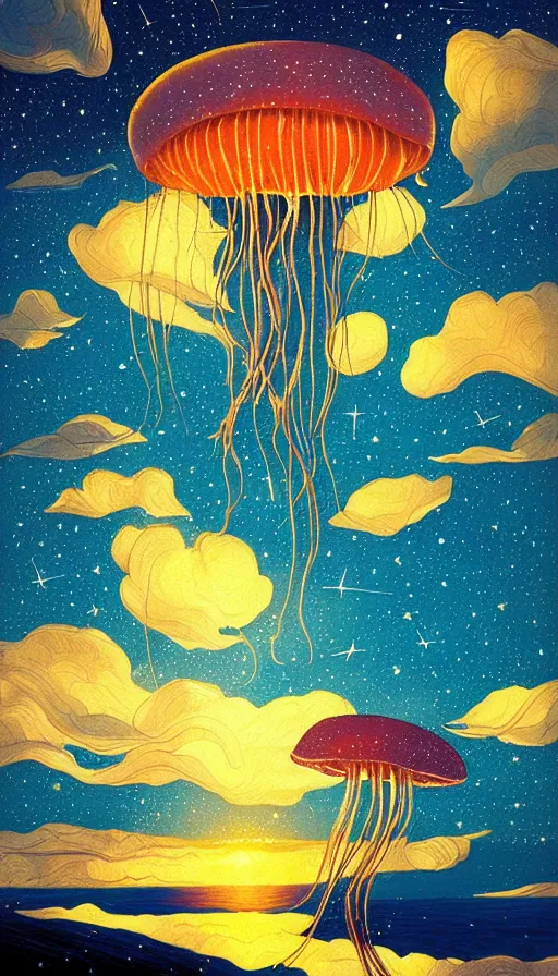 Image similar to Jellyfish floating in starlit sunset sky, italian futurism, Dan Mumford, da vinci, Josan Gonzalez