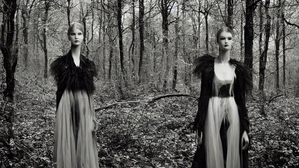 Image similar to eerie atmospheric symmetrical vogue fashion photography in a forest by paolo roversi