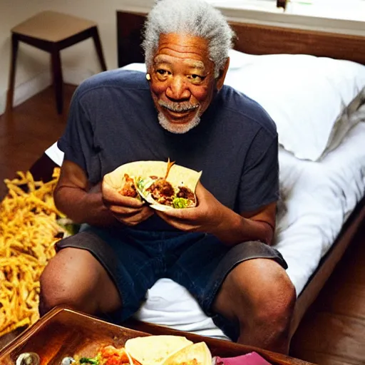 Prompt: morgan freeman laying on the bed eating tacos with raven on his side