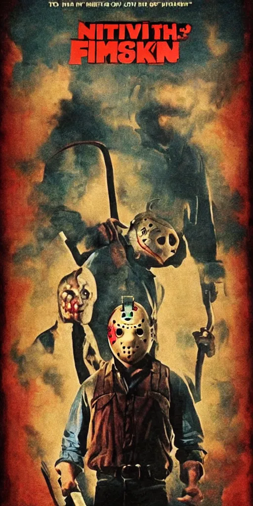 Image similar to vintage friday the 1 3 th movie poster, cinematic lighting, vivid vintage coloring