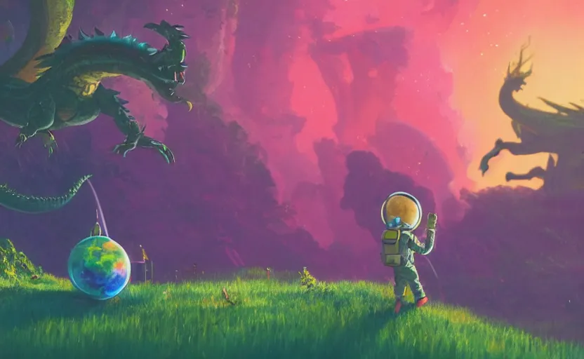 Image similar to a still of a cute adorable tiny astronaut, on a planet of lush colorful foliage, with an enormous kaiju dragon surrounding the full background, magical forest, sharp focus, neon backlit, highly detailed, disney pixar studio ghibli makoto shinkai, digital painting, matte, octane render, cinematic bloom, global illumination, iridescent, anime, 8 k concept art