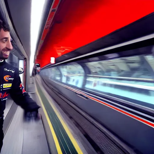 Prompt: Daniel Ricciardo driving a London underground tube train in a station, sad, photorealistic, 4k