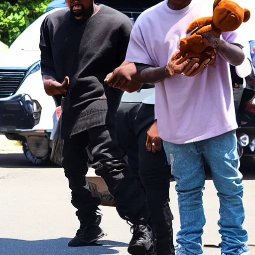 Prompt: kanye west holding a pete davidson plush toy