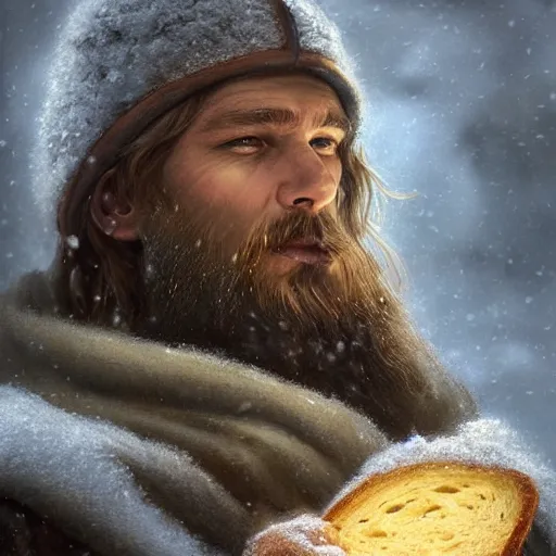 Image similar to epic portrait An viking eating loaf of bread during winter, blizzardy, beauty, pretty face, glossy skin, beard, digital painting, artstation, concept art, soft light, hdri, smooth, sharp focus, illustration, fantasy, intricate, elegant, highly detailed, D&D, matte painting, in the style of Greg Rutkowski and Alphonse Mucha and artemisia, 8k, highly detailed, jurgens, rutkowski, bouguereau, pastoral, rustic, georgic