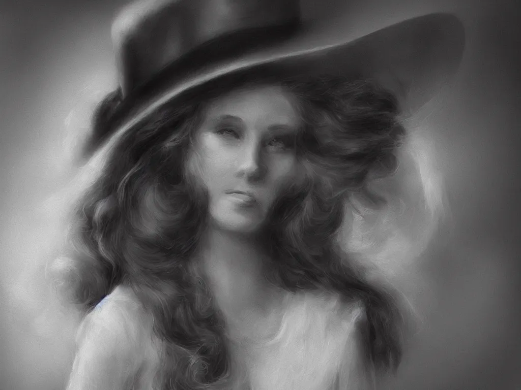 Image similar to Close up portrait of an elegant long haired lady wearing a gentleman suit and tophat in anime style, highly detailed, matte painting, noir, 70s, americana, photorealistic, ethereal ghostly atmosphere