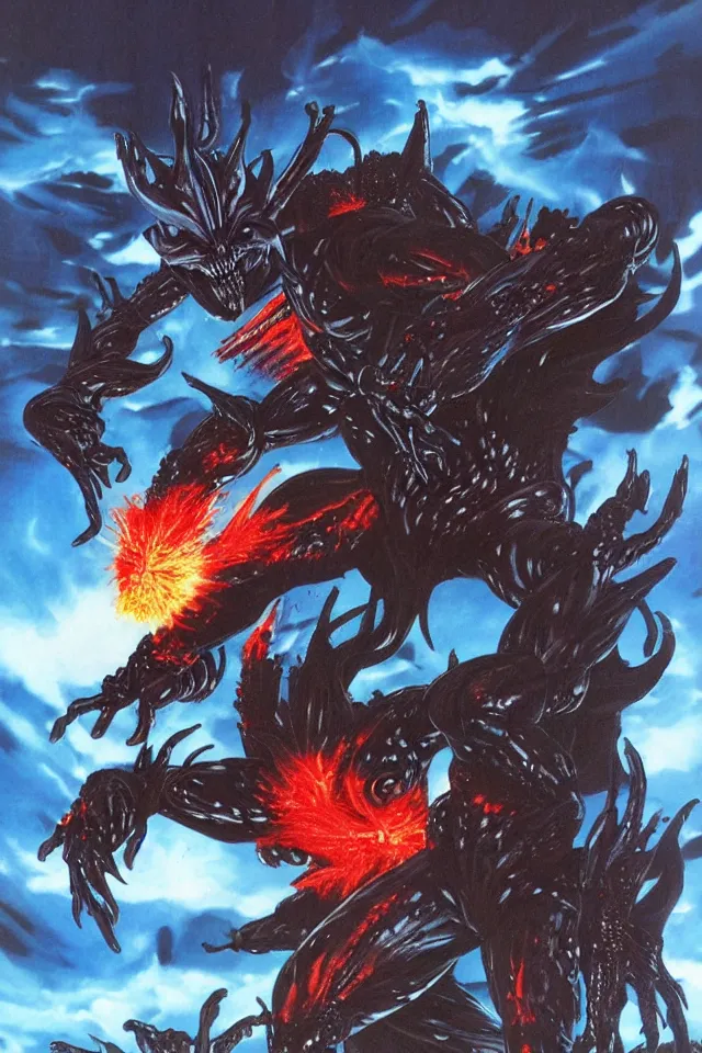 Image similar to The Dark Guyver Battles Kaiju On An Alien Planet With A Volcano Erupting In The Background,Full Figure,s Yasushi Nirasawa Cartoon Anime Style