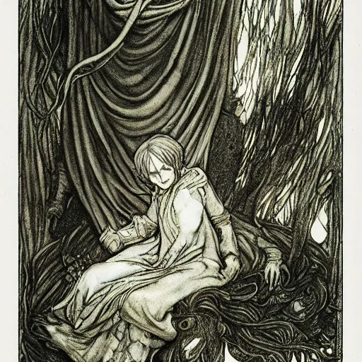 Image similar to cat from the void, illustrations by irish fairy tales james stephens arthur rackham, fairy tale illustrations, colour, top cinematic lighting , cinematic mood, very detailed, shot in canon,