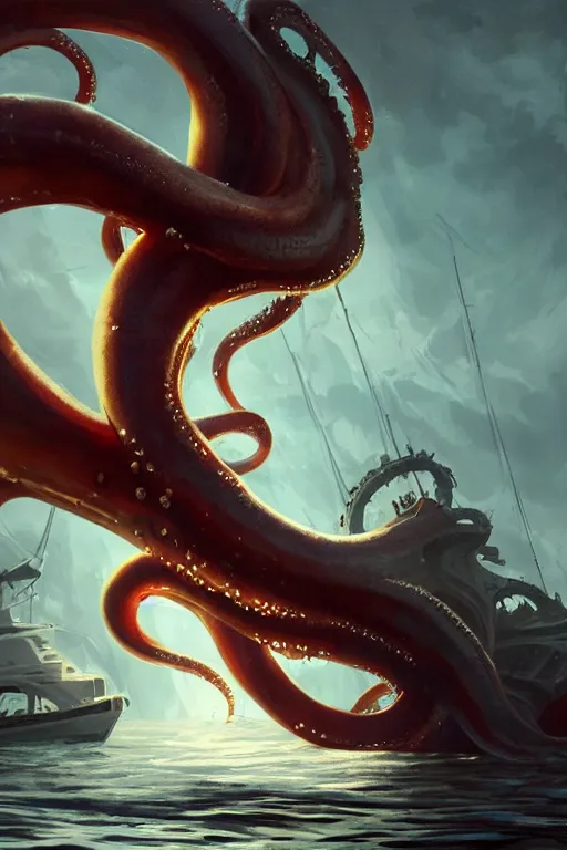 Image similar to gigantic squid-Kraken destroying a boat, lovecraftian creature, dramatic lighting, cinematic, establishing shot, extremly high detail, foto realistic, cinematic lighting, post processed, concept art, artstation, matte painting, style by eddie mendoza, raphael lacoste, alex ross