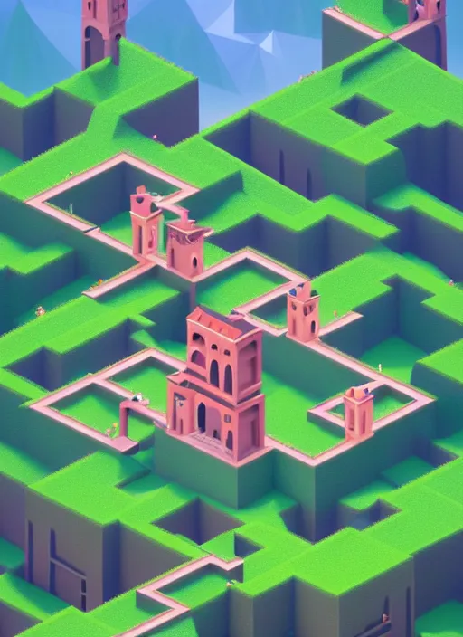 Image similar to a low poly isometric render of a kerala village in the style of monument valley, floral! intricate, elegant, highly detailed, artstation, smooth, sharp focus, illustration, art by artgerm and greg rutkowski, 8 k