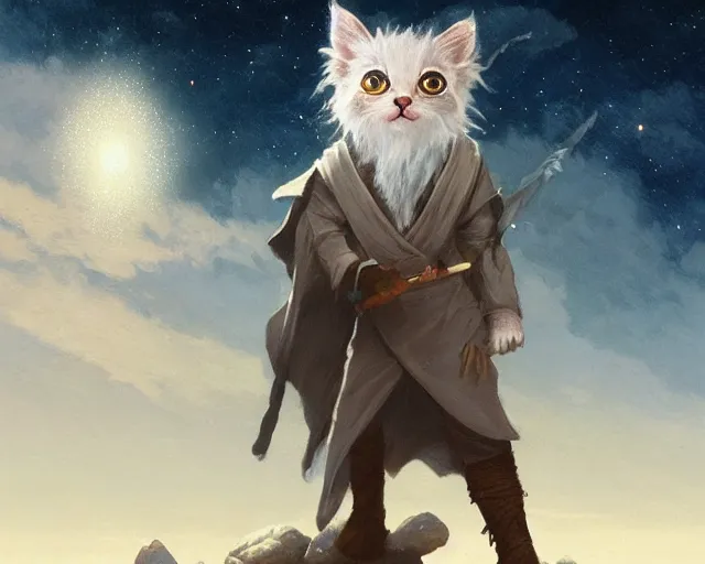 Image similar to a single cartoonish kitten dressed as Gandalf floating in space, bright stars, anime, a fantasy digital painting by Greg Rutkowski and James Gurney, trending on Artstation, highly detailed