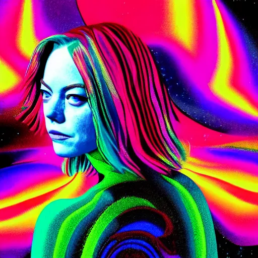 Image similar to surreal Emma Stone covered in chromatic distortions standing in mysterious place, beautiful, psychedelic, lsd, trending on artstation, artwork by Hughes, Edward Robert