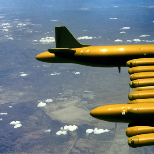 Prompt: b 5 2 bomber dropping bananas, aerial photography