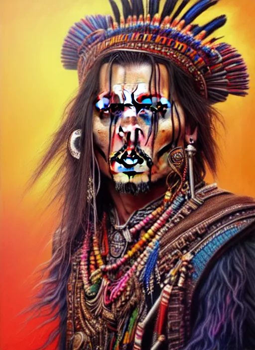 Prompt: portrait of johnny depp, hyper detailed ultra sharp aztec shaman warrior. trending on artstation, warpaint aesthetic, bloodwave, colorful, psychedelic, ornate, intricate, digital painting, concept art, smooth, sharp focus, illustration, art by artgerm and greg rutkowski and h. r. giger, 8 k