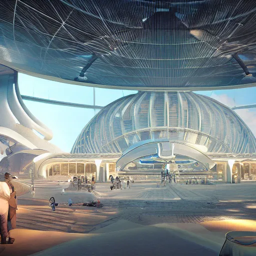 Image similar to octane render, industrial light magic, sharp professional photo inside a high - end luxurious solarpunk beautiful utopian futuristic chicago worlds fair, ultradetailed, photorealistic