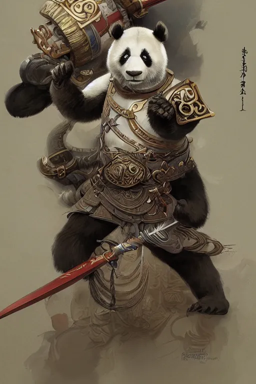 Prompt: a anthropomorphic panda warrior, D&D, fantasy, intricate, highly detailed, digital painting, artstation, concept art, smooth, sharp focus, illustration, art by artgerm and greg rutkowski and alphonse mucha