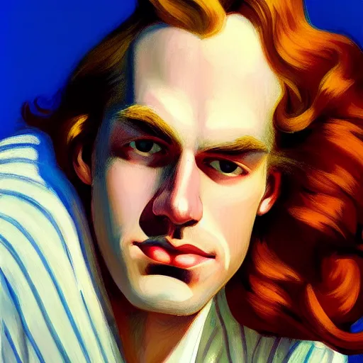 Prompt: A beautiful close-up of a young white-haired male model with very long curly hair, dressed like in the 1940s, digital art by Edward Hopper, vibrant color scheme, highly detailed, in the style of romanticism, fine Art, high detail, great lighting, 8k resolution, masterpiece, concept art, illustration, clear eyes, soft lighting, soft details, painting oil on canvas, octane render, HDR, trending on artstation, 4k, 8k, HD