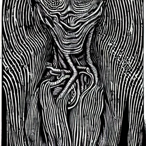 Image similar to eldritch woman abomination of unimaginable horror by h. r. giger and junji ito, speculative evolution, op art with big bold patterns