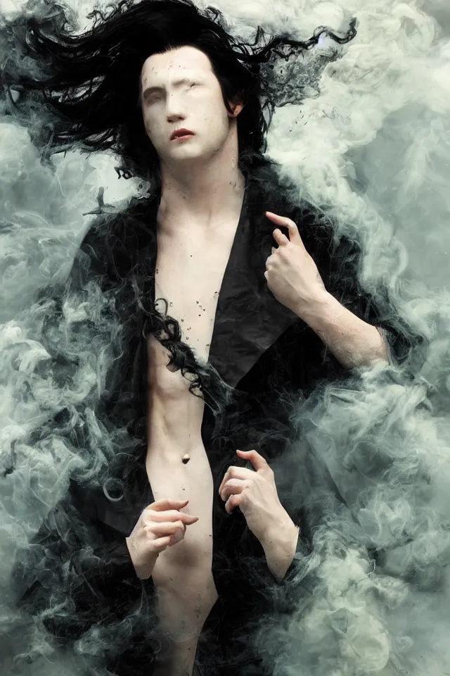 Prompt: a man with pale skin and long-black hair, latex suit and raincoat, floating in smoke, in the style of ruan jia and yoshitaca amano