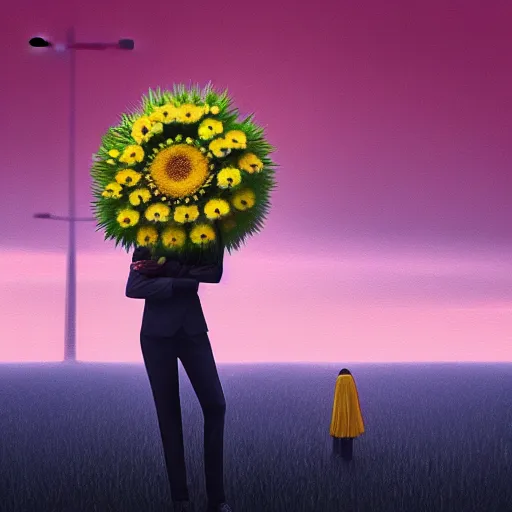 Prompt: giant daisy flower under head, frontal, girl in a suit, surreal photography, sunrise, dramatic light, impressionist painting, digital painting, artstation, simon stalenhag