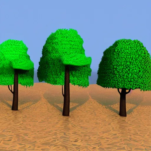 Prompt: collection of 3 d cartoon trees, different sizes, different colours, different heights, river, island terrain, blue sky