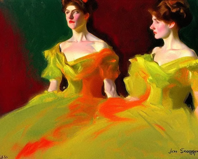 Prompt: a green, red, and gold painting by John Singer Sargent