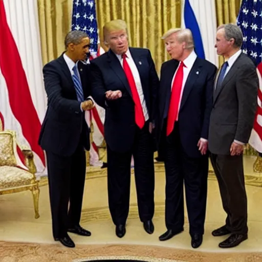 Image similar to putin, trump, obama and bush having a lightsaber battle and smiling