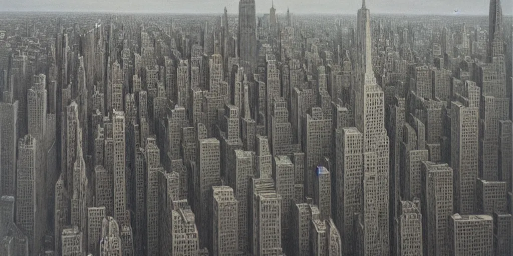 Prompt: New York CIty Skyline by Zdzisław Beksiński