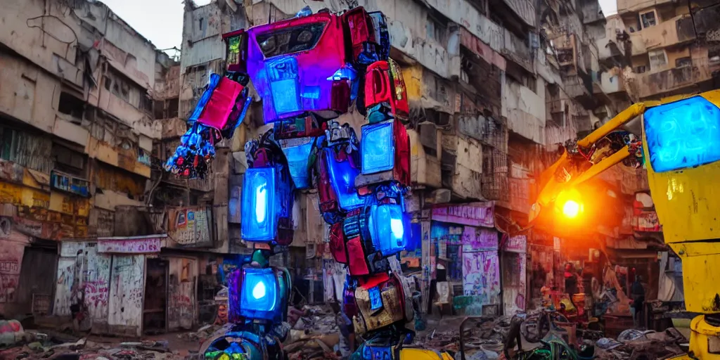 Image similar to colourful - damaged - giant mecha ROBOT of neon lit AJEGUNLE SLUM in Lagos, markings on robot, Golden Hour,