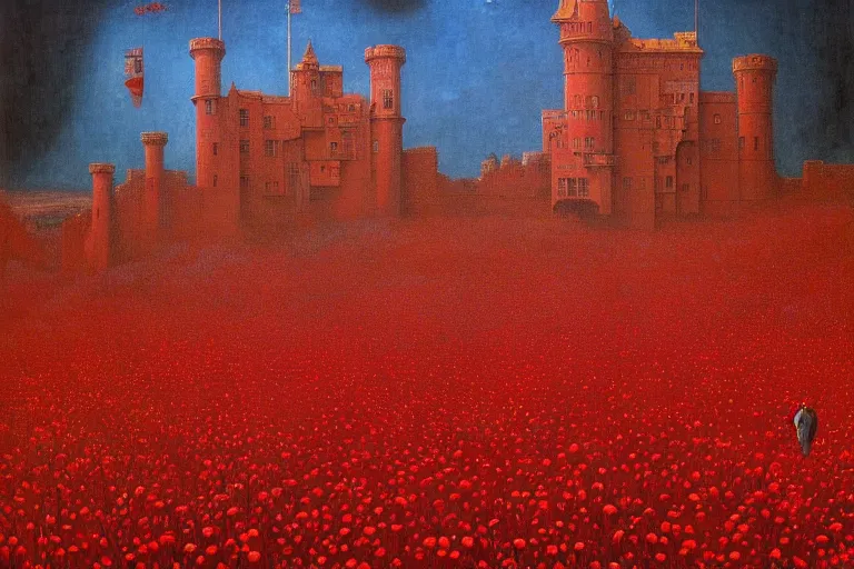 Image similar to only with red, red flowers of different types, a red tiger, a castle in the background, medieval demons dance over the flowers, an ancient path, in the style of beksinski, part by hopper, part by rodcenko, part by hofbauer, intricate composition, red by caravaggio, insanely quality, highly detailed, masterpiece, red light, artstation