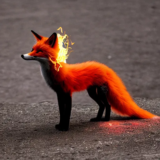 Image similar to A flaming fox standing and posing for the photo, dark background