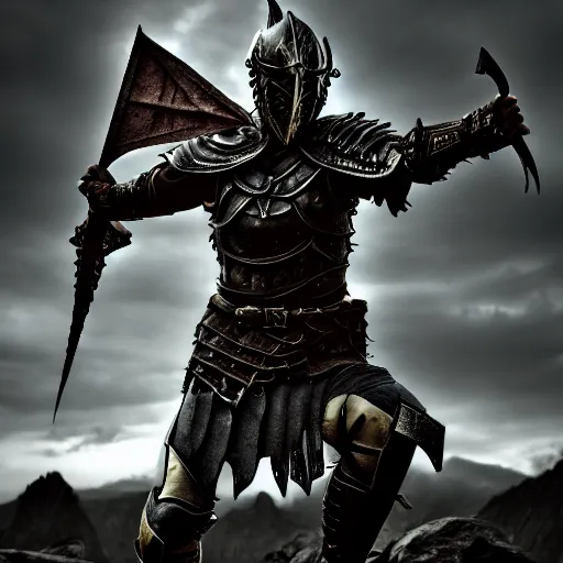 Image similar to warrior with daedric armor, skyrim ,Grim fantasy, D&D, HDR, natural light, dynamic pose, award winning photograph, Mucha style, 8k,