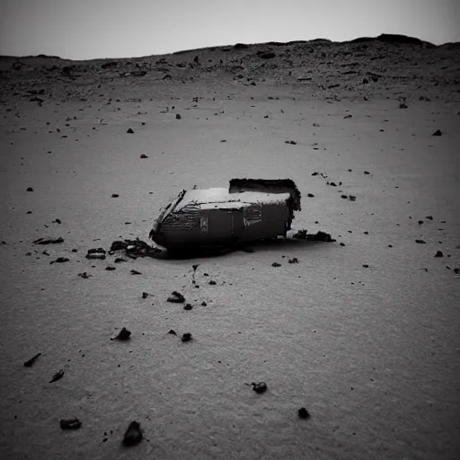 Prompt: abandoned on mars, stranded ship, dream like atmosphere, melancholy