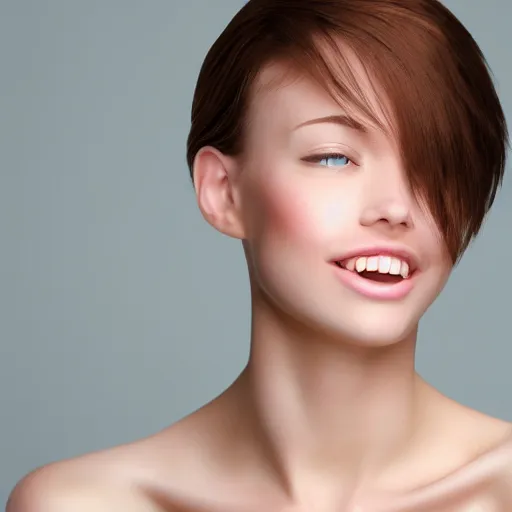 Image similar to feminine looking, normal skin, attractive neck, dimples, caucasian