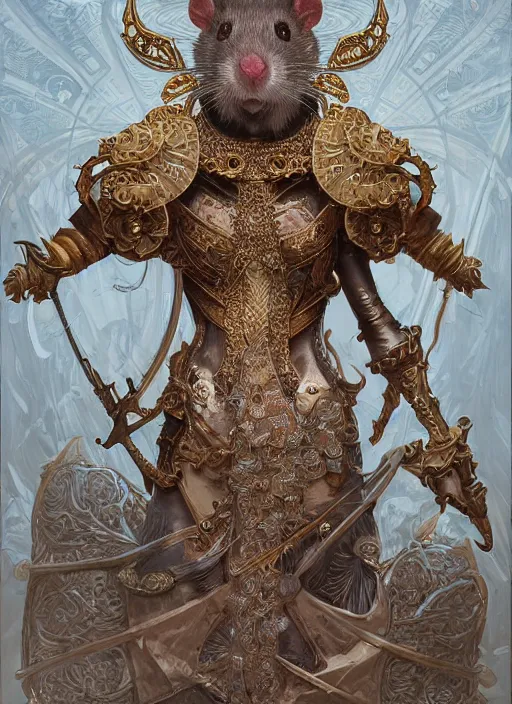 Image similar to symmetry!! portrait of a pet rat wearing detailed ornate armor, intricate, elegant, highly detailed, my rendition, digital painting, behance, concept art, smooth, sharp focus, illustration, art by artgerm and greg rutkowski and alphonse mucha and huang guangjian and gil elvgren and sachin teng