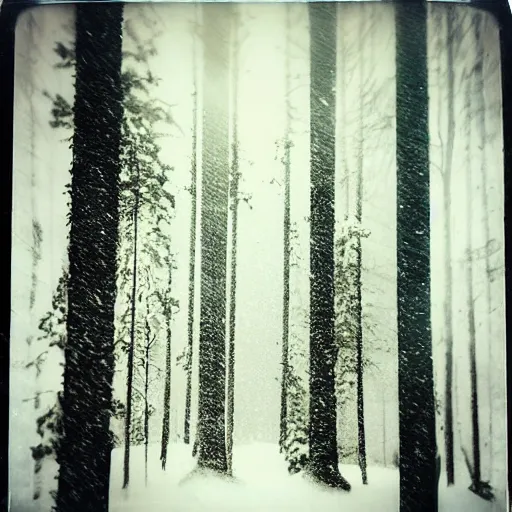 Image similar to atmospheric polaroid photograph of snowy forest growing on a city street