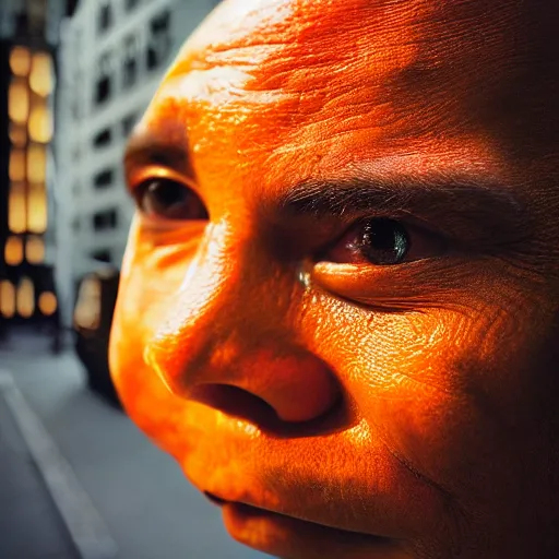 Image similar to closeup portrait of a Orange with a fac e , new york back street , by Steve McCurry and David Lazar, natural light, detailed face, CANON Eos C300, ƒ1.8, 35mm, 8K, medium-format print