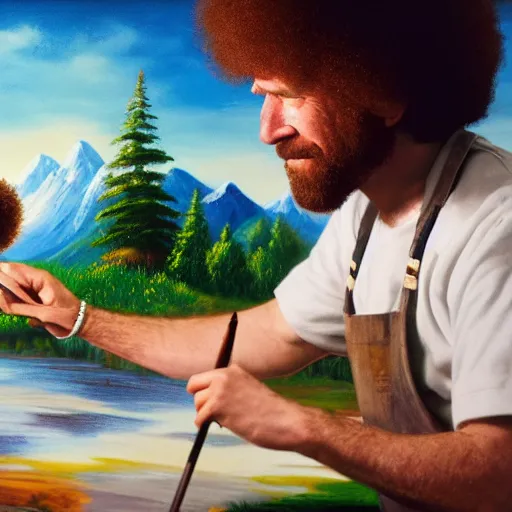 Image similar to a closeup photorealistic photograph of bob ross working on a canvas painting of mickey mouse. film still. brightly lit scene. mountains and trees. this 4 k hd image is trending on artstation, featured on behance, well - rendered, extra crisp, features intricate detail, epic composition and the style of unreal engine.