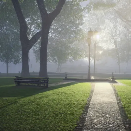 Prompt: still shot of a park covered in morning fog, highly detailed, photorealistic portrait, bright studio setting, studio lighting, crisp quality and light reflections, unreal engine 5 quality render