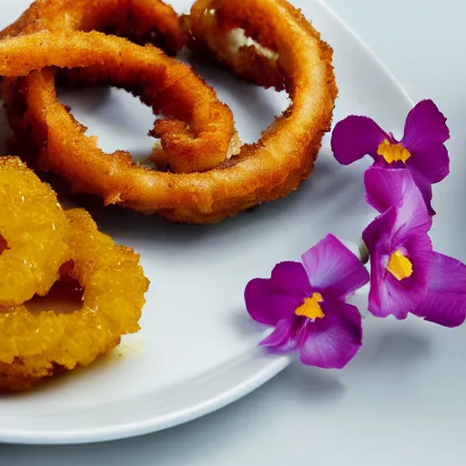 Image similar to Onion rings served with edible flowers, recipe photograph