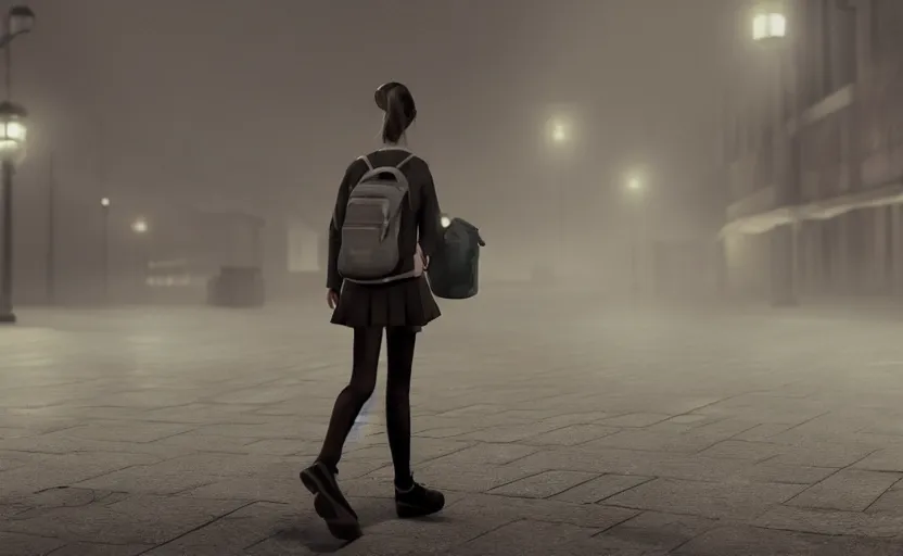 Image similar to school girl walking at night, gloomy and foggy atmosphere, octane render, cgsociety, artstation trending, horror scene, highly detailded