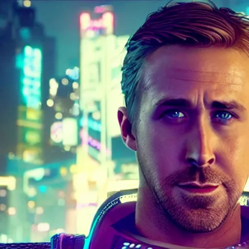 Image similar to ryan gosling in the game cyberpunk 2 0 7 7 as a getaway driver