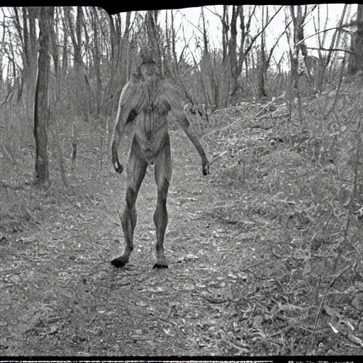Prompt: trailcam footage of a skinny white cryptid lurking in the shadows