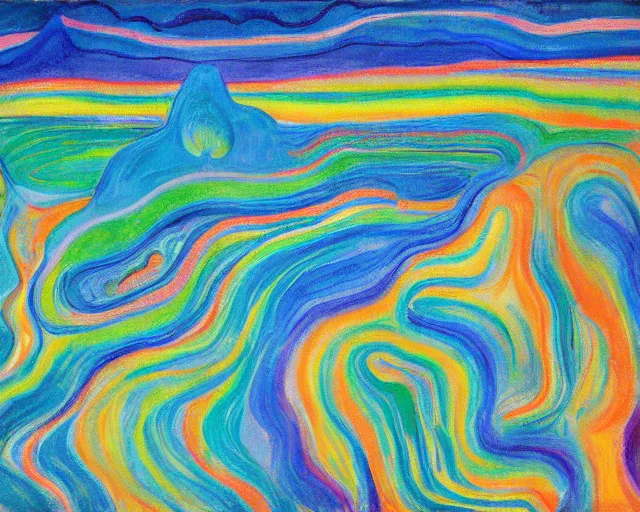 Image similar to Ocean waves in a psychedelic dream world. DMT. Curving rivers. Craggy mountains. Landscape painting by Edvard Munch. David Hockney. Wayne Thiebaud.