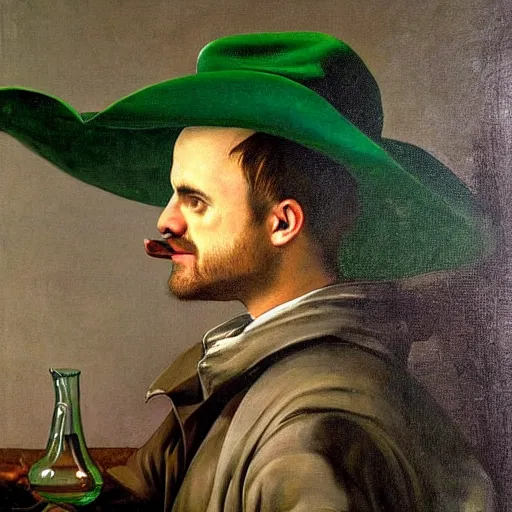 Prompt: Jesse Pinkman wearing oversized cowboy hat with elongated curly twirly moustache mixing live snakes and tiny bulls with potent chemicals in a cowboy boot glass beaker, green mist. Painted by Caravaggio, high detail