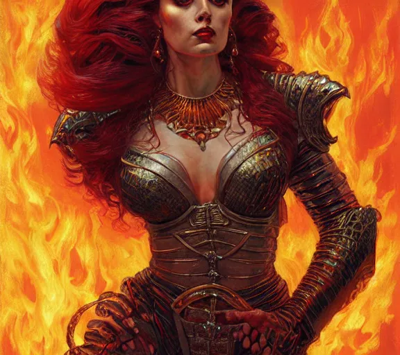 Prompt: The Fire Queen, beautiful young woman, fire, flames, dramatic, hyperdetailed | donato giancola, ralph horsley, Artem Demura | waist-up portrait | dungeons and dragons