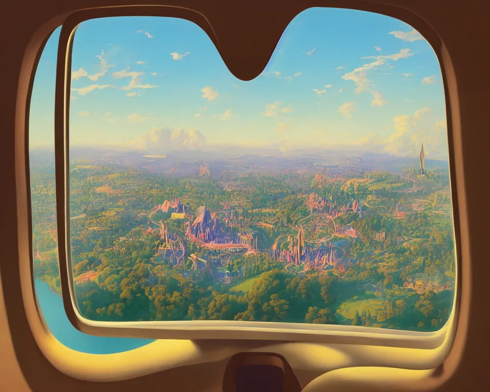 Prompt: an achingly beautiful print of Disneyland and surrounding area as seen through the window of a private jet by Raphael, Hopper, and Rene Magritte. detailed, romantic, enchanting, trending on artstation.