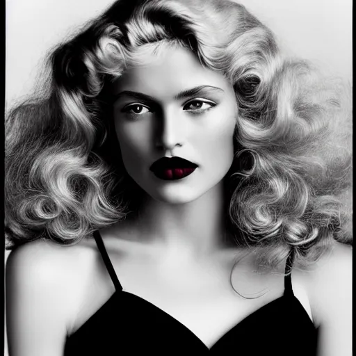 Prompt: stunning award - winning full face portrait of a beautiful blonde woman by herb ritts. long curly glossy hair. old hollywood makeup. vintage glamour. glossy dark lips. supermodel. high fashion black and white photography. vogue. nikon 5 0 mm f / 1. 6